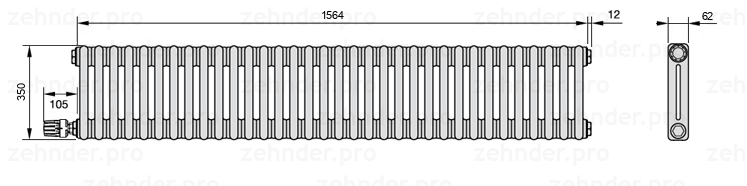 Схема (чертеж) Радиатор Zehnder Charleston 2035/34 №V004 Белый глянцевый RAL 9016